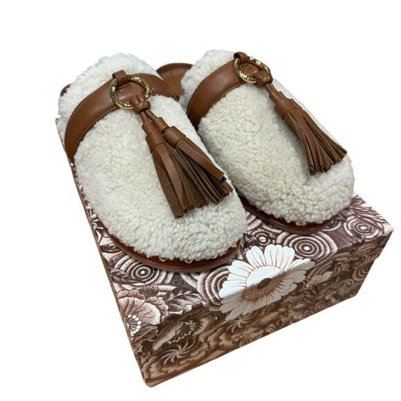 Revolve Ulla Johnson Ruby Shearling Leather Tassel Slide Mules in Cream Brown - Picture 5 of 10